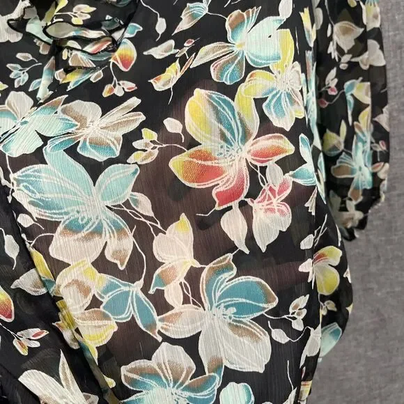 American Rag Women Sz L Black Sheer Floral Bouse Round Tie Neck Balloon Sleeve - Picture 3 of 11